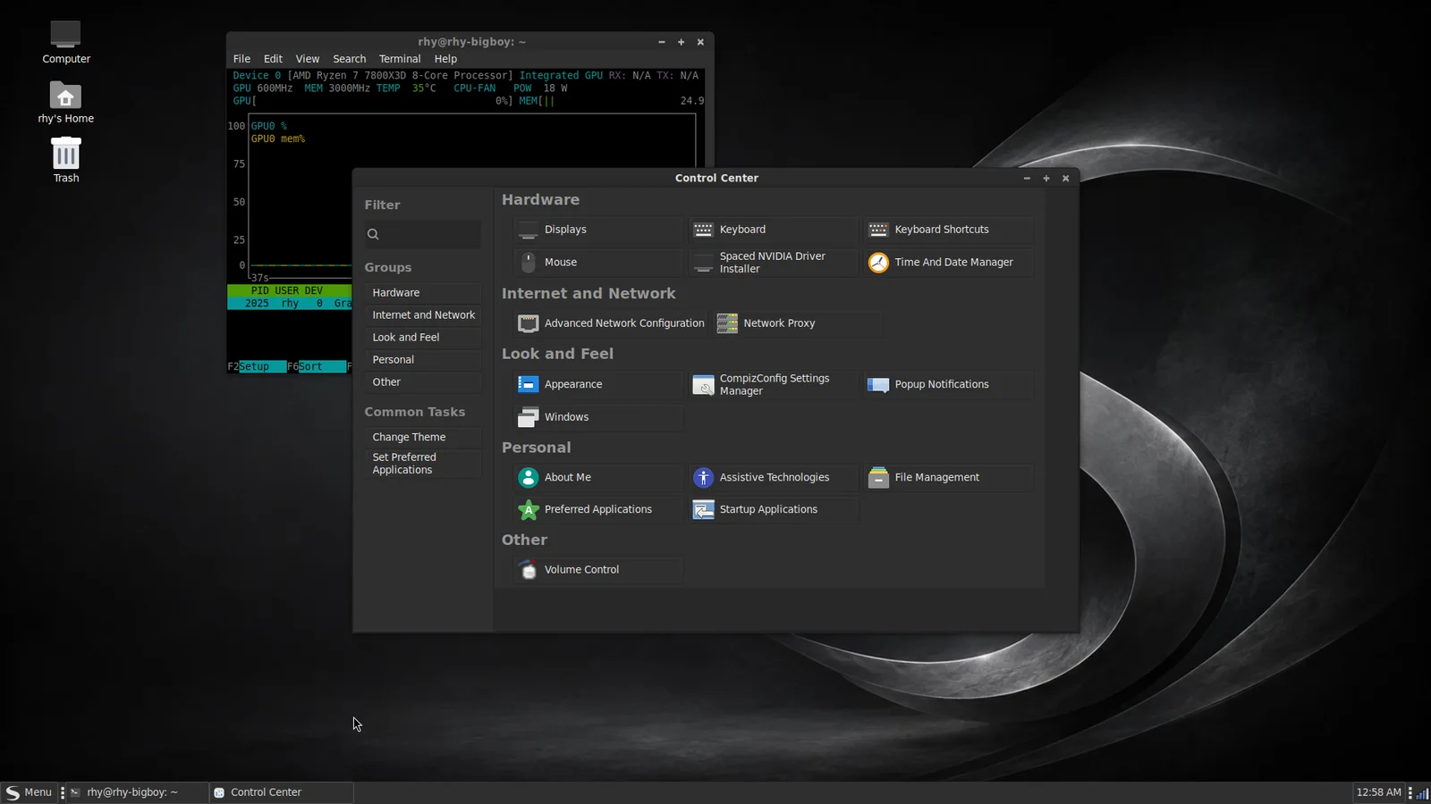 Spaced Linux Control Center with desktop, appearance, hardware, network and system settings