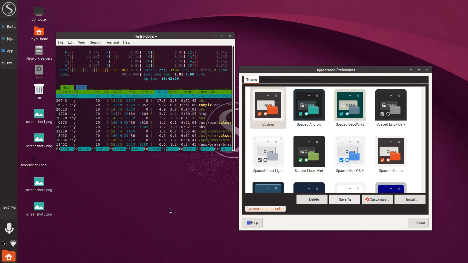 Spaced Linux Ubuntu-inspired theme showing its desktop, side panel, and coordinated appearance settings