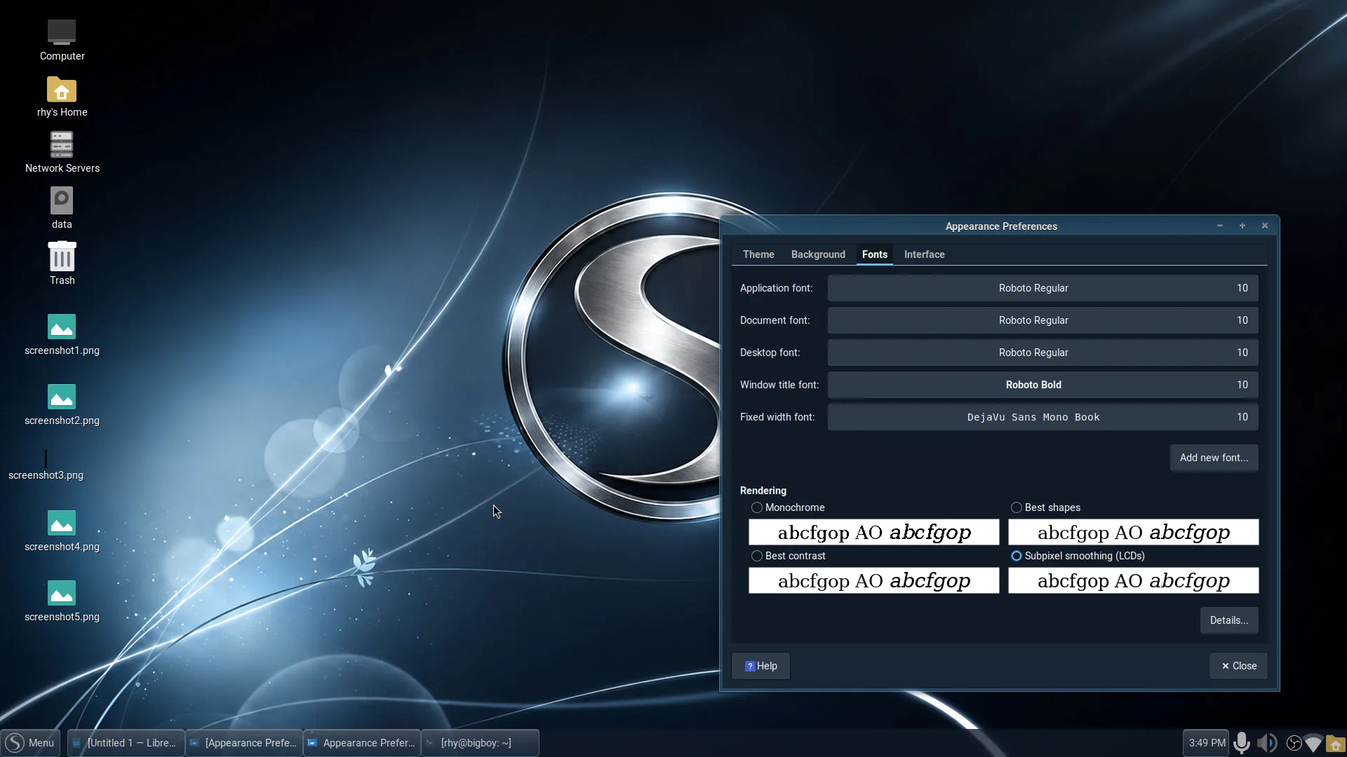 Spaced Linux Windows 7 dark theme showing its desktop and coordinated appearance settings